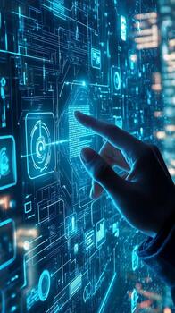 Hand Interacting with Digital Interface Showing Data Network photo