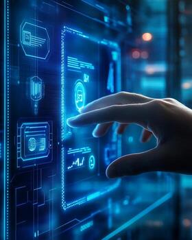 Hand Interacting with Futuristic Digital Interface Displaying Data and Icons photo