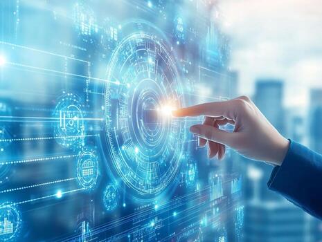 Hand Interacting with Holographic Data Visualization Interface photo