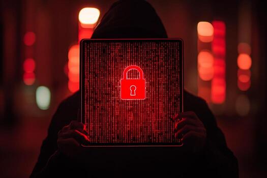 Hooded Figure Holding Tablet Displaying Binary Code and Padlock Icon photo