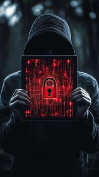 Hooded Figure Holding Tablet Displaying Binary Code and Padlock photo