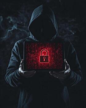 Hooded Figure Holding Tablet Displaying Padlock and Binary Code photo