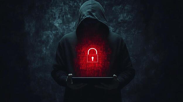 Hooded Figure with Tablet and Red Padlock Icon on Binary Code Background photo