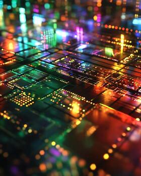 Illuminated Circuit Board Grid with Multicolored Components photo