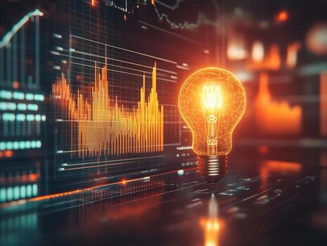 Illuminated Lightbulb and Data Graphs on Computer Screen photo