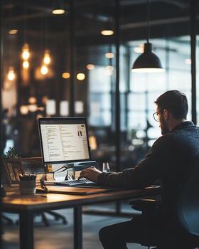 Man Coding at Desktop Computer in Modern Office photo