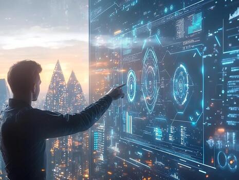 Man Interacting with Futuristic Digital Interface Displaying Data Visualizations photo