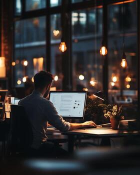 Man Working on Desktop Computer in Evening Office photo