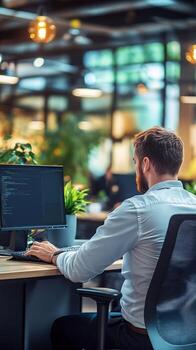 Man Coding at Computer in Modern Office photo