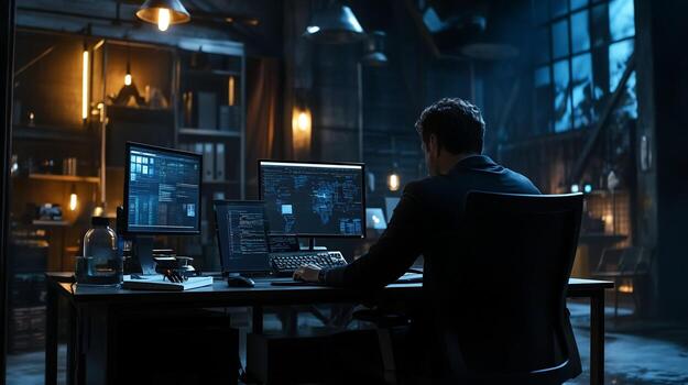 hombre trabajando a escritorio con múltiple computadora pantallas foto