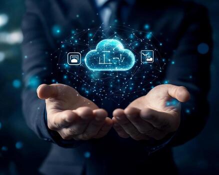 Person Displaying Cloud Computing Data Network Icon photo