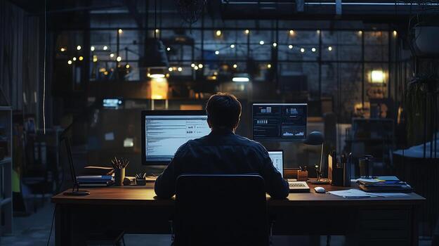 Person Working at Desk with Multiple Computer Screens in Dimly Lit Workspace photo