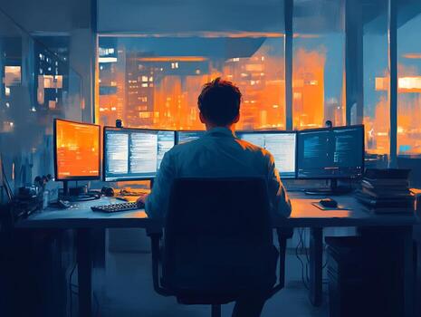 Programmer Working at Night with Triple Monitor Setup photo