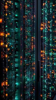 Server Rack Array with Illuminated Data Processing Indicators photo