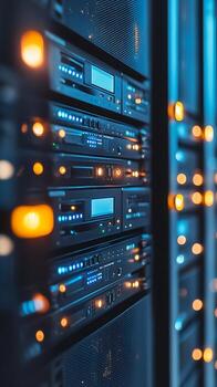 Server Rack with Multiple Network Units and Indicator Lights photo