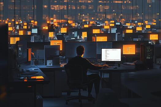 Single Programmer in Large Office with Illuminated Computer Screens photo