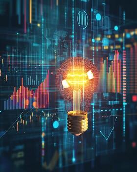 Wireframe Lightbulb with Data Visualizations photo