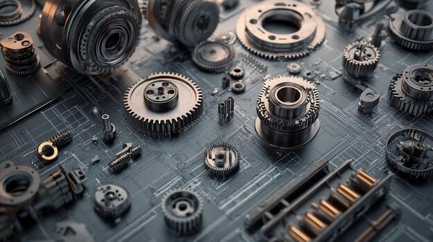 Assorted Metallic Gears and Mechanical Components on Circuit Board Surface photo