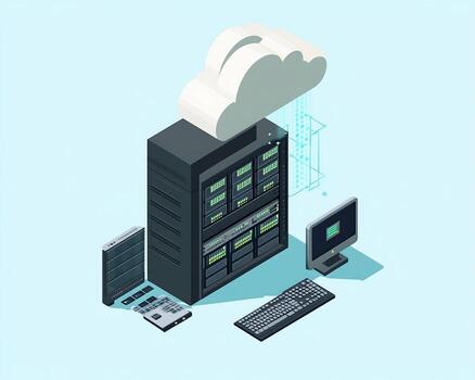 Cloud Data Transfer to Server Rack and Desktop Computer photo