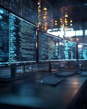 computadora monitores mostrando código en un moderno oficina ajuste foto