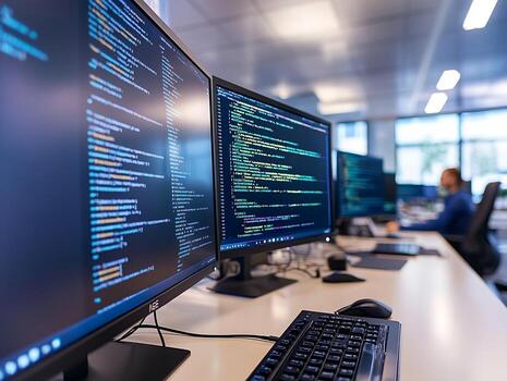 Computer Monitors Displaying Source Code in Office Setting photo