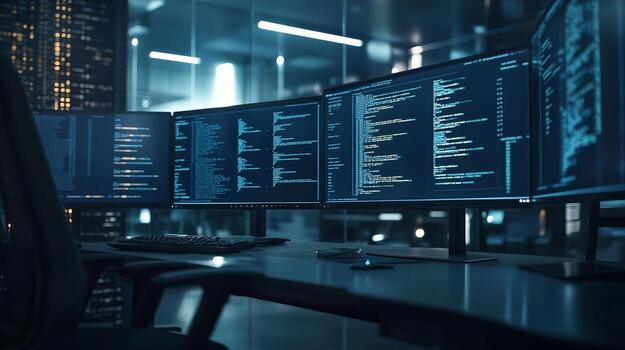 Computer Monitors Displaying Code in Dark Workspace photo