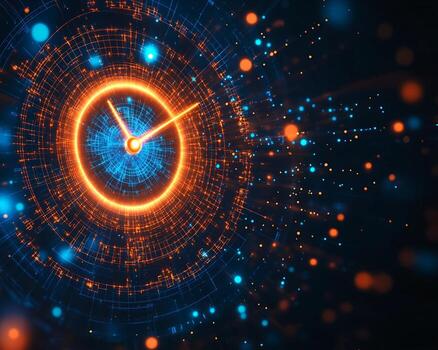 Digital Clock with Concentric Geometric Patterns and Luminous Particles photo