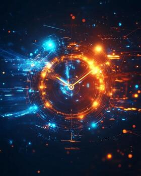 Digital Clock with Data Streams and Light Streaks photo