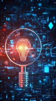 Digital Magnifying Glass with Illuminated Lightbulb and Data Background photo