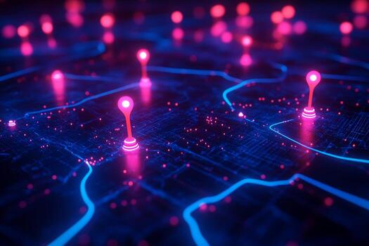 Digital Map with Glowing Location Markers and Network Paths photo