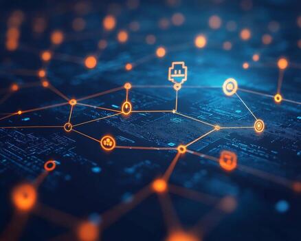 Digital Network Visualization with Interconnected Nodes and Icons photo