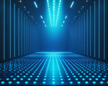 Digital Rendering of a Futuristic Corridor with Illuminated Floor and Neon Lights photo