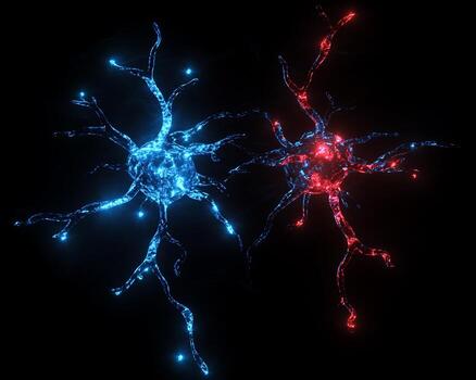 Digital Rendering of Two Neurons with Blue and Red Illumination photo