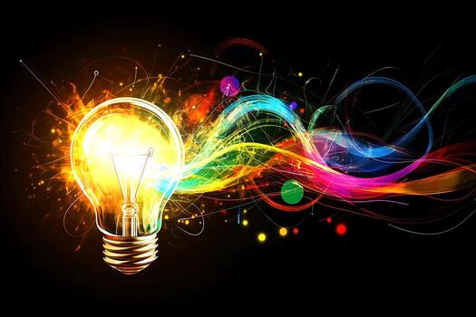 Illuminated Lightbulb with Abstract Colorful Swirls photo