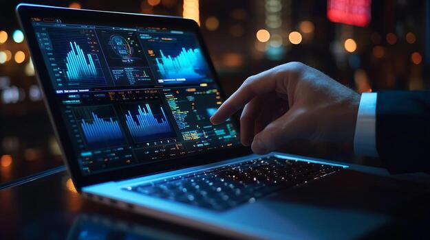 Laptop Displaying Financial Data Graphs and Code photo
