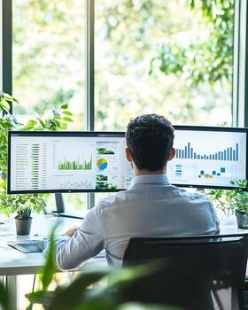 Man Working at Desk with Dual Monitors Displaying Data Charts photo