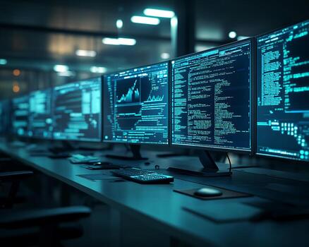 Multiple Computer Monitors Displaying Code and Data Charts photo
