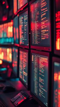 múltiple computadora monitores mostrando programa código foto