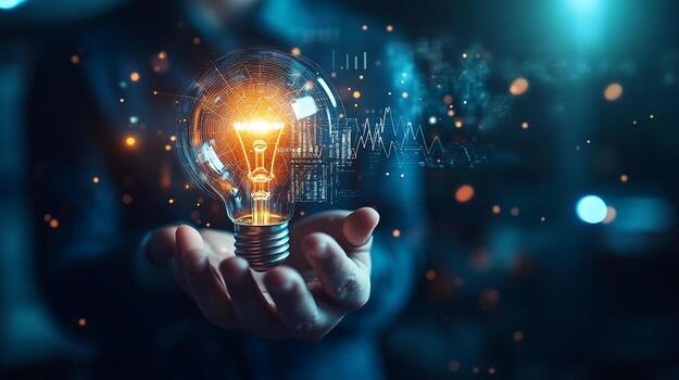 Person Holding Illuminated Lightbulb with Embedded Data Visualization photo