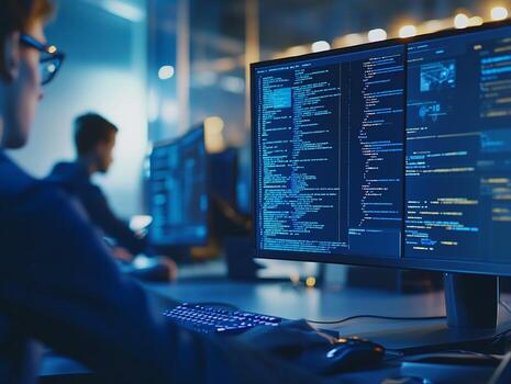 Programmer Working at Computer with Code Displayed on Monitor photo