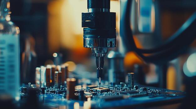 Robotic Arm Assembling Electronic Component on Circuit Board photo
