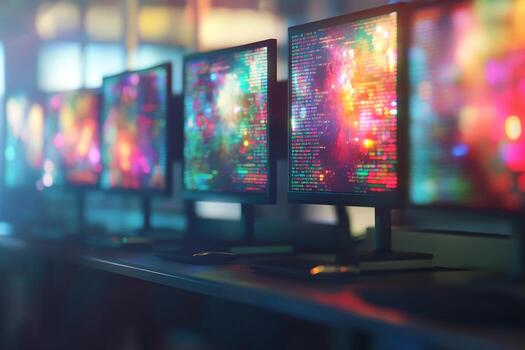 Row of Computer Monitors Displaying Code photo
