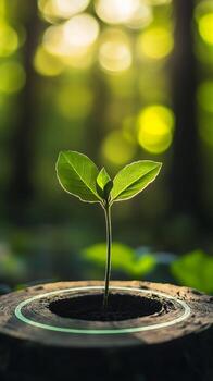Seedling in Tree Stump Container with Forest Background photo