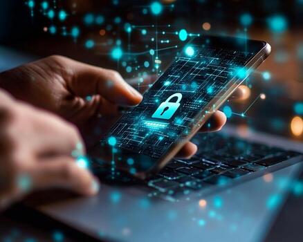 Smartphone Displaying Digital Lock Icon and Circuit Board Pattern photo