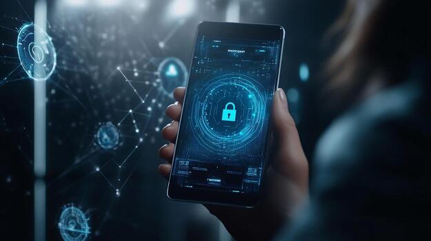 Smartphone Displaying Digital Lock and Cybersecurity Interface photo