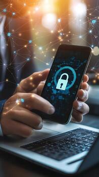 Smartphone Displaying Digital Lock Icon with Network Graphic photo