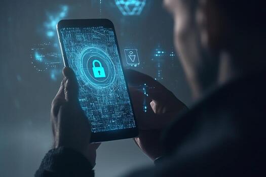 Smartphone Displaying Digital Lock Icon and Cybersecurity Graphics photo