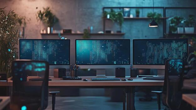 Tres monitores mostrando código en un moderno oficina espacio de trabajo foto