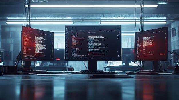 Three Monitors Displaying Computer Code in a Modern Office Setting photo