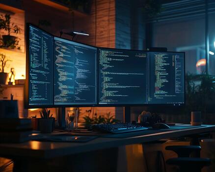 Triple Monitor Workstation with Computer Code Display photo